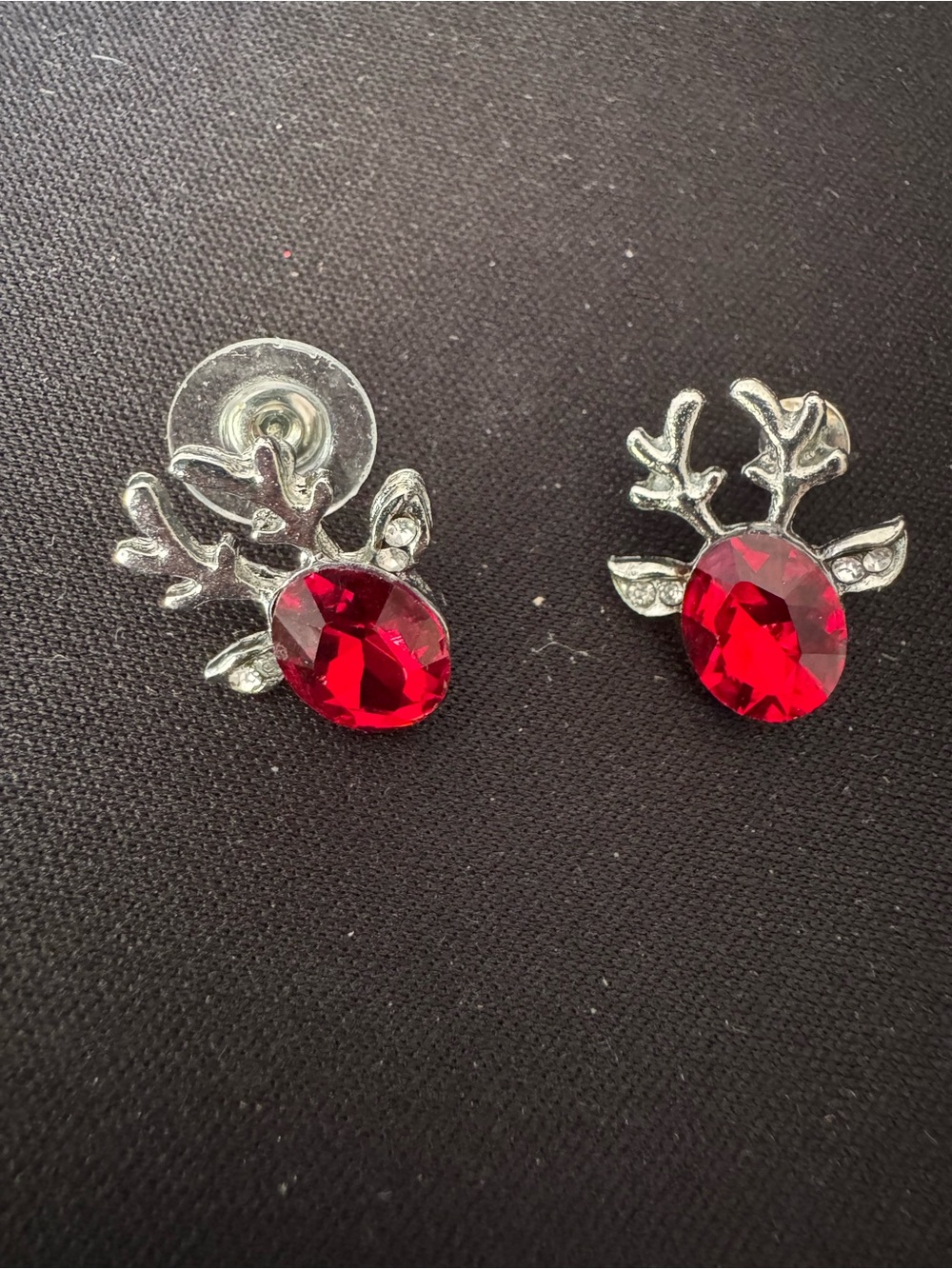 Silver Tone Reindeer Stud Earrings with Red Gemstone